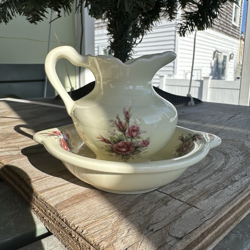 Vintage VB Athena Mini Pitcher & Basin Set Pink Roses Floral USA Cottage